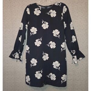 Banana Republic Blue Floral Shift Dress Size 0 Petite Long Bracelet Tie Sleeves